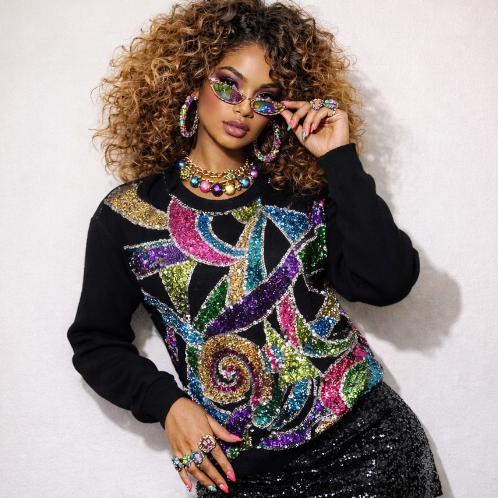 Vintage 80's Principles Sequin Wool Sweater Size S Embellished Multicolor